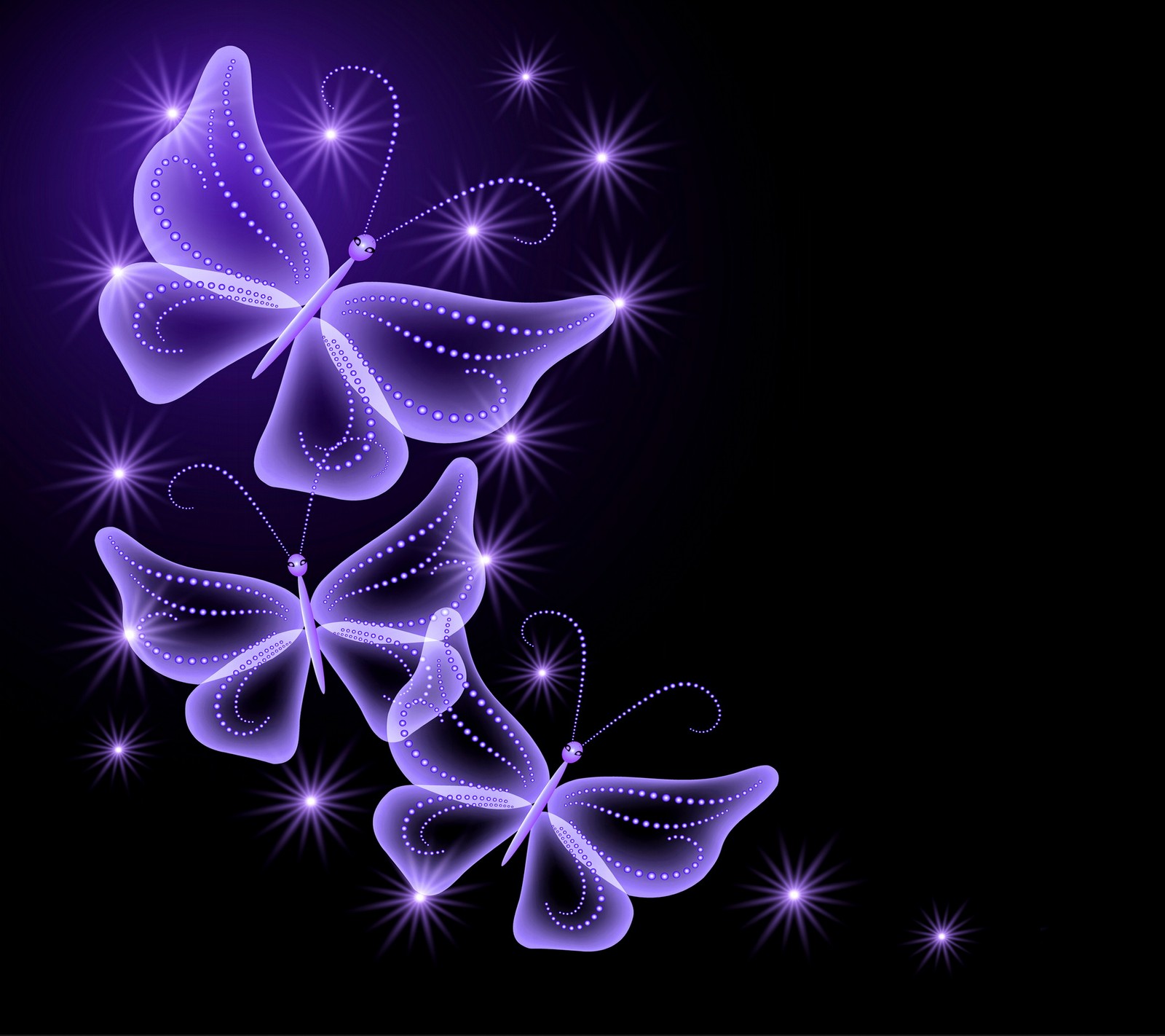 Purple butterflies with sparkles on a black background (beautiful, butterfly, neon, sparkle)