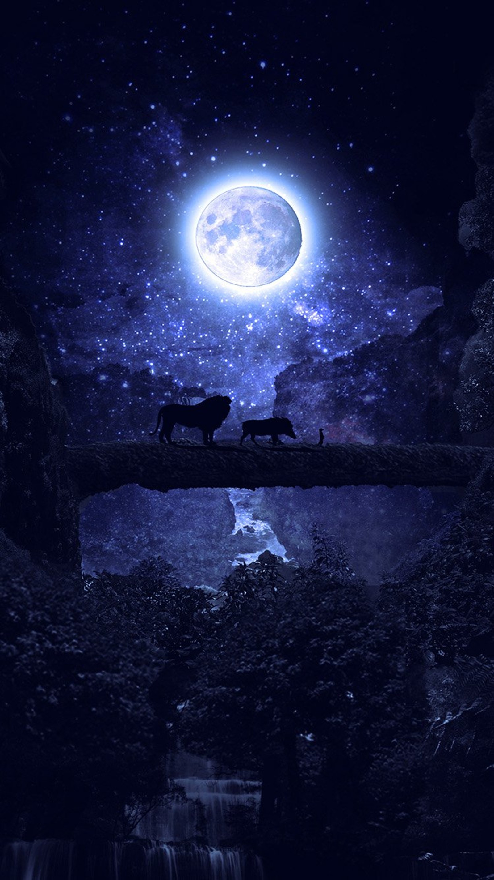 Duas vacas atravessando uma ponte à noite (o rei leão, lua, pumba)