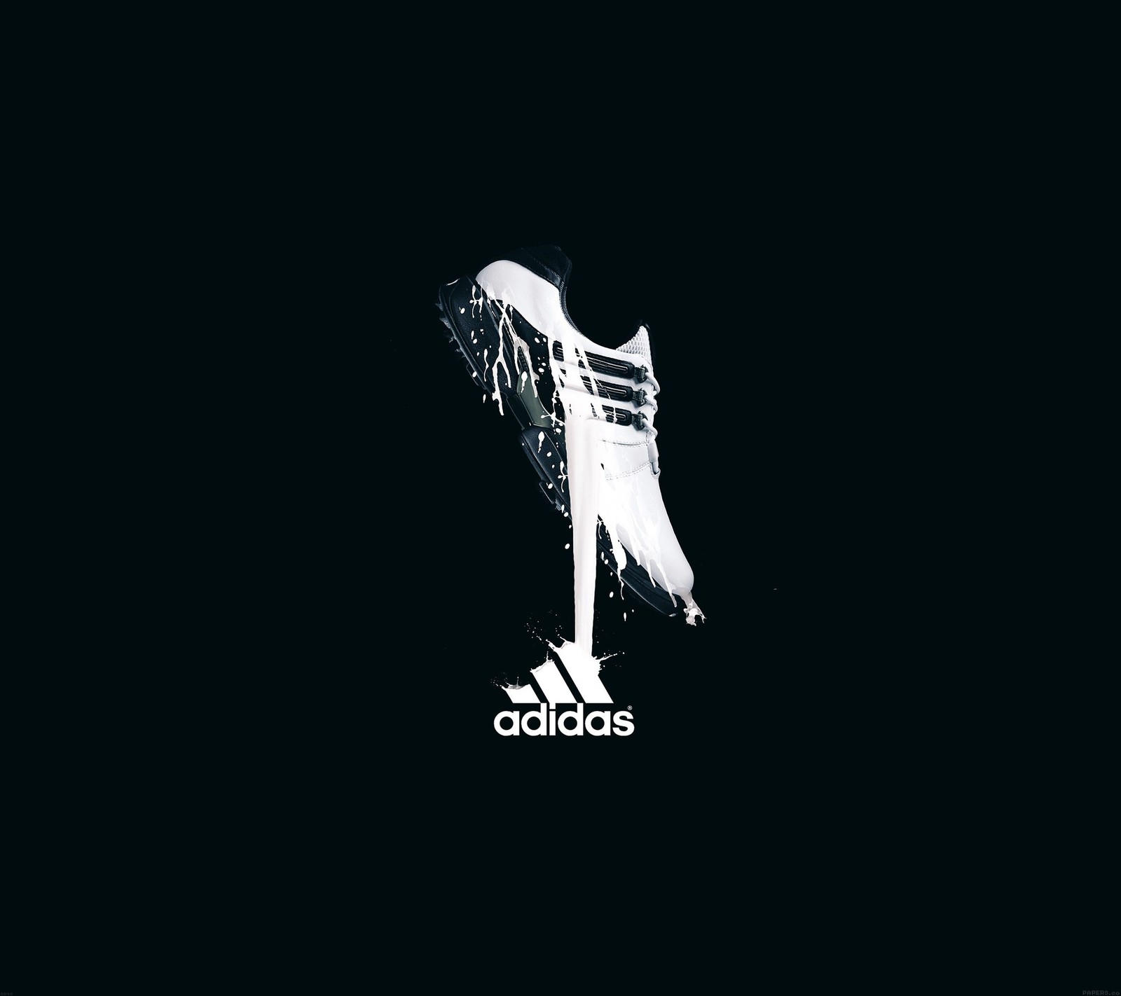 Adidas shoes on a black background with a white logo (adidas, logo, shoe)