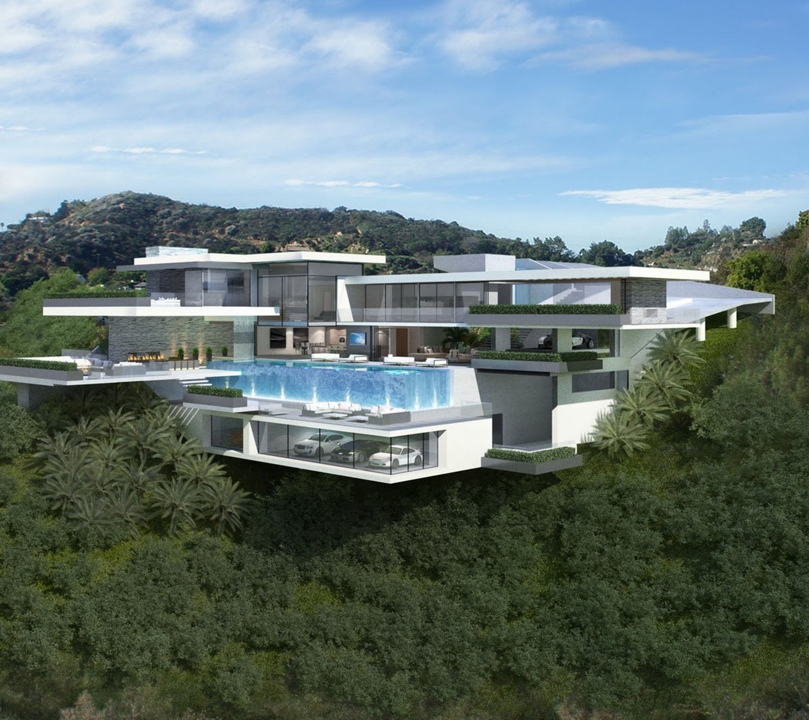 Un rendu d'une maison moderne avec une piscine au milieu de la forêt (incroyable, architecture, maison, luxe)