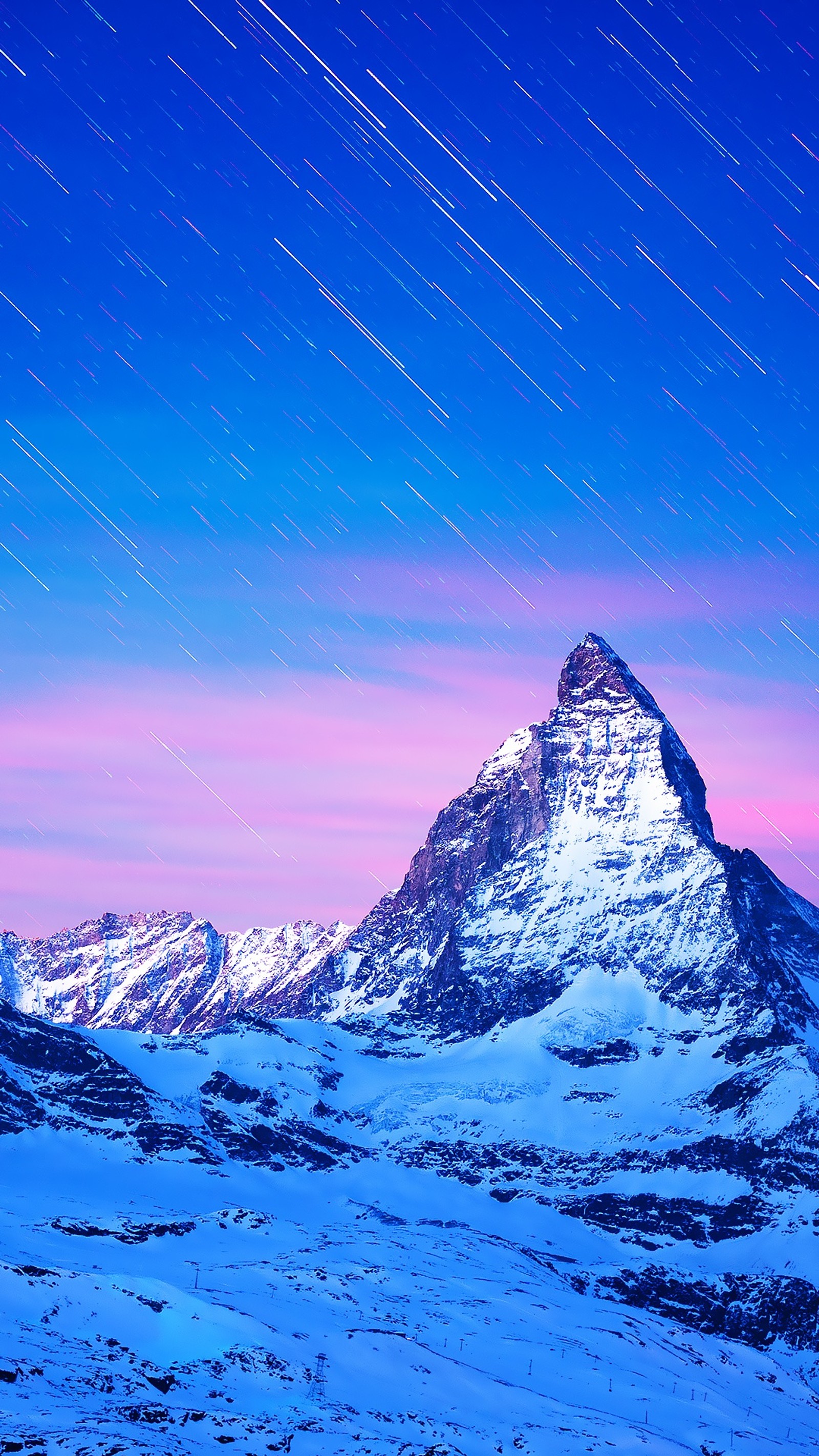 Горы со снегом и звездами на небе ночью (пейзаж, маттерхорн, matterhorn, гора)