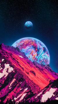 Surreal Cosmic Landscape with Vibrant Mountains and Iridescent Planets