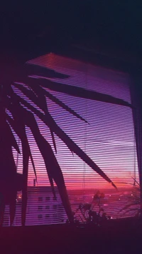 Pôr do sol vaporwave através de persianas com silhuetas exuberantes