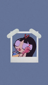 Charming 90s Vibes with a Powerpuff Girl Enjoying a Refreshing Drink