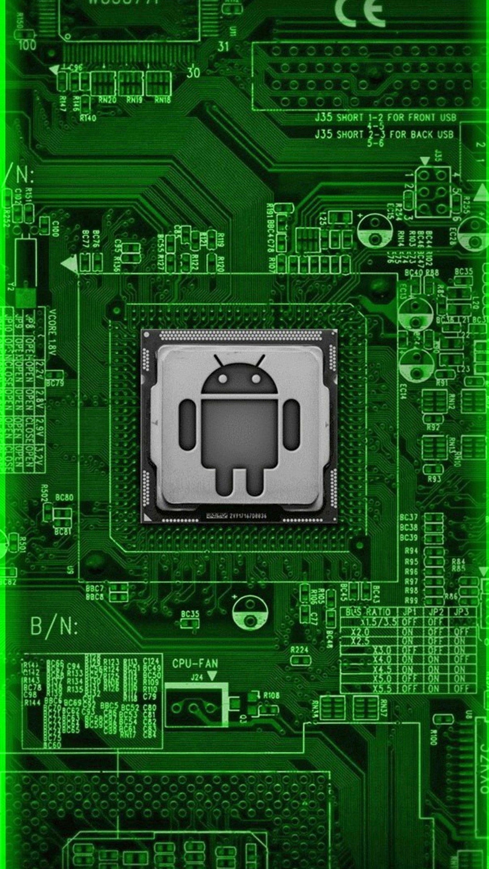 A close up of a green circuit board with a small android on it (android, green, s7 edge)