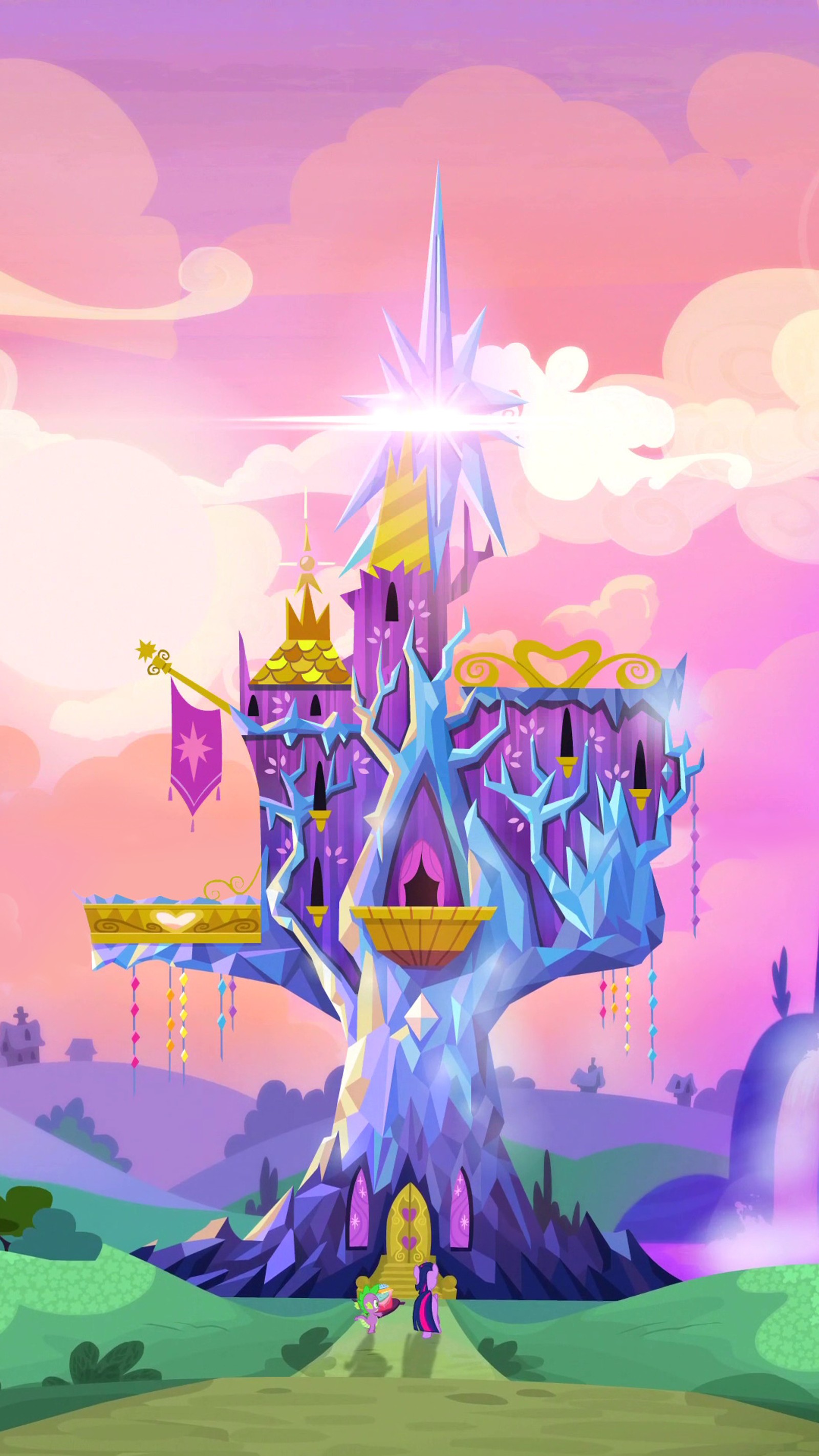 Una imagen de dibujos animados de un castillo con un árbol en el medio (castillo, mlp, mi pequeño pony, princesa, twilight sparkle)