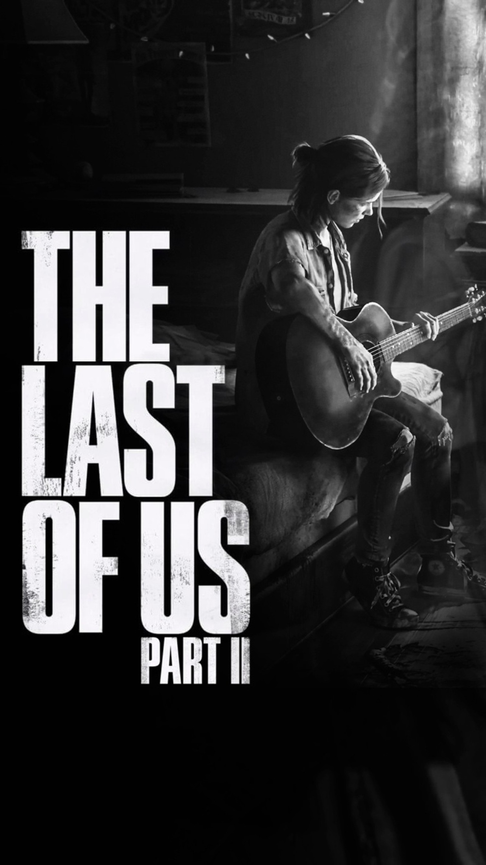 Une photo en noir et blanc d'un homme jouant de la guitare (ellie, the last of us)