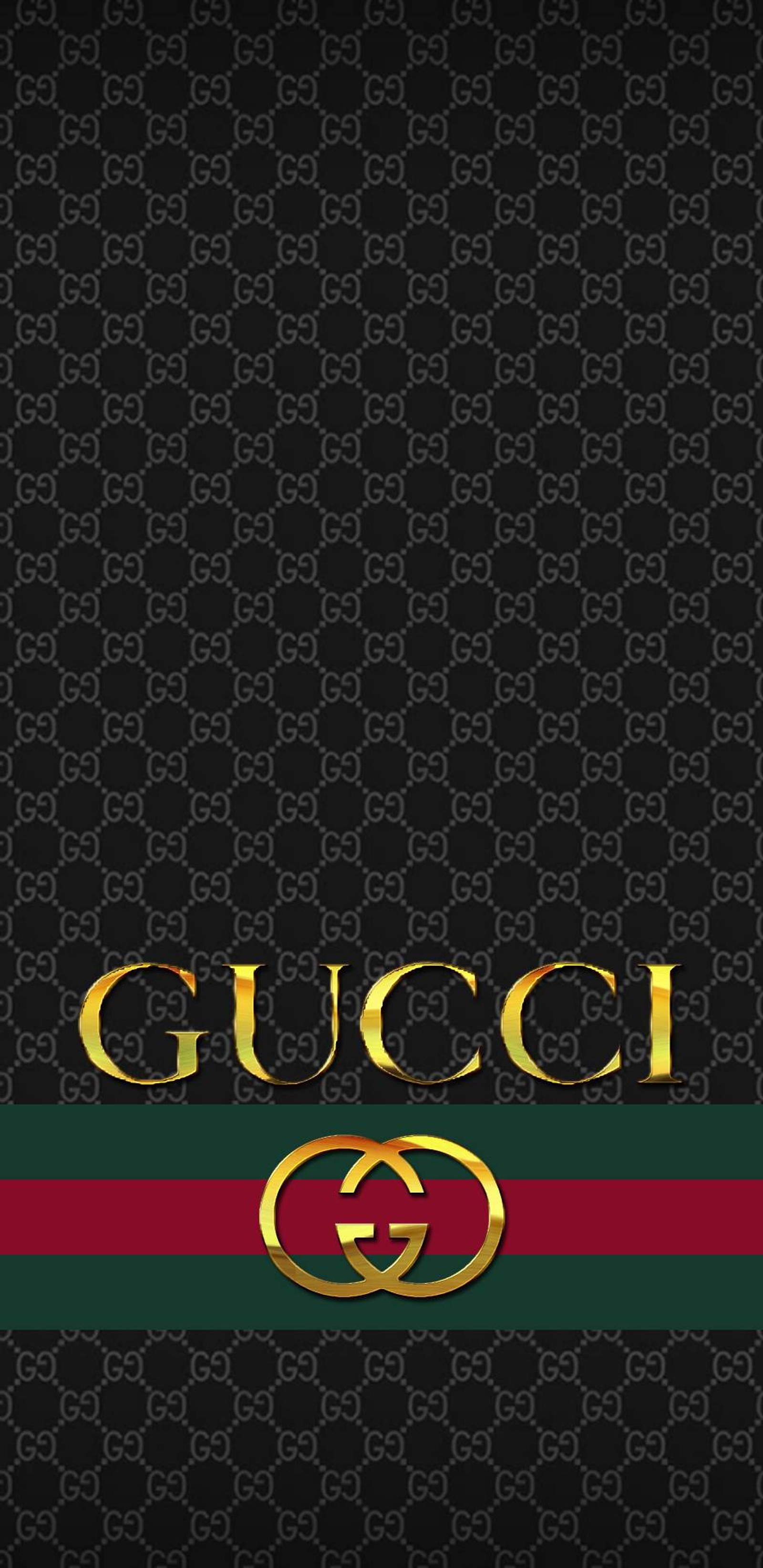 Nahaufnahme einer schwarz-grünen tapete mit dem goldenen gucci-logo (logo, themen)