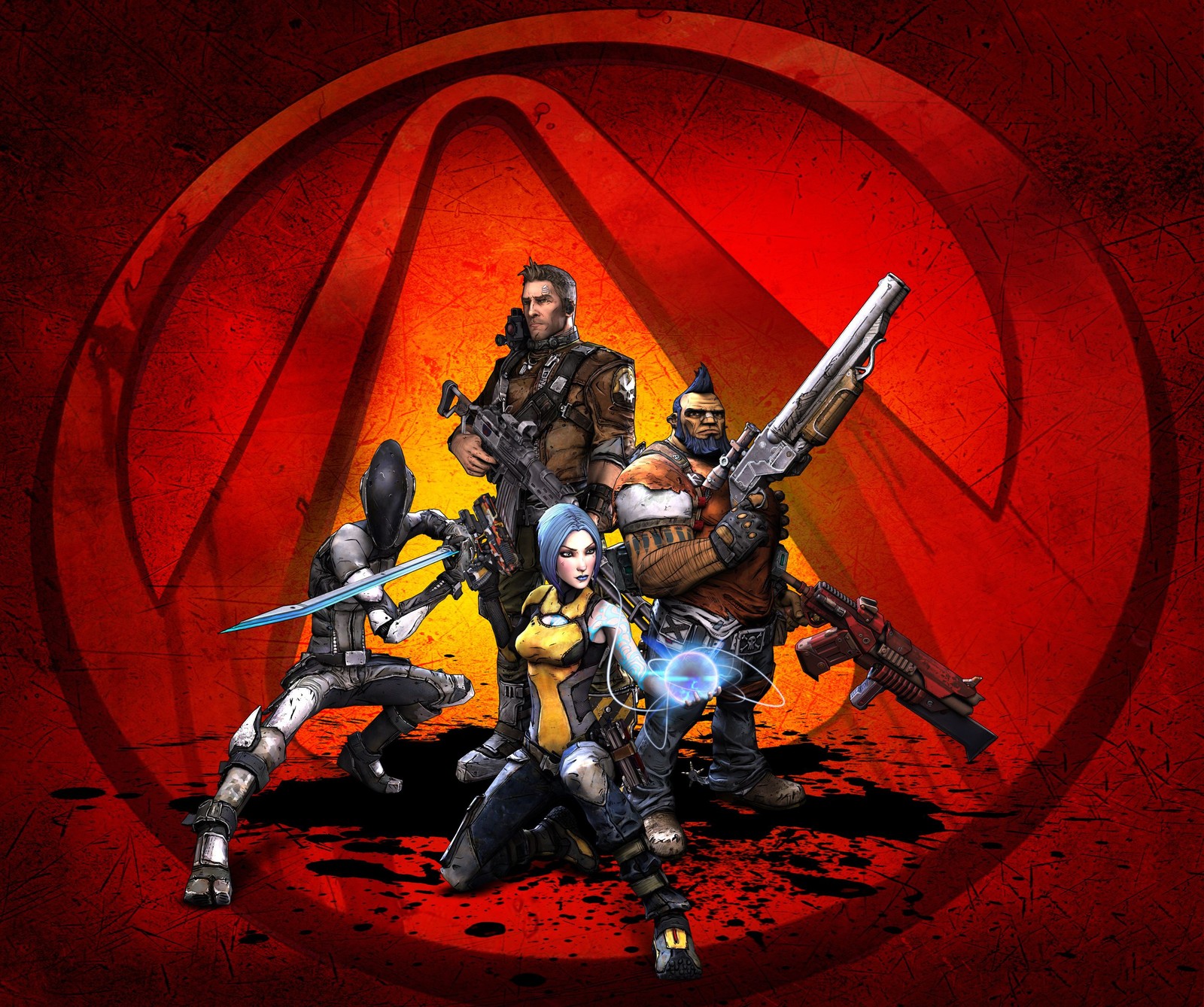 A group of people with weapons and weapons in a red background (axton, borderlands, maya, salvador, zero)