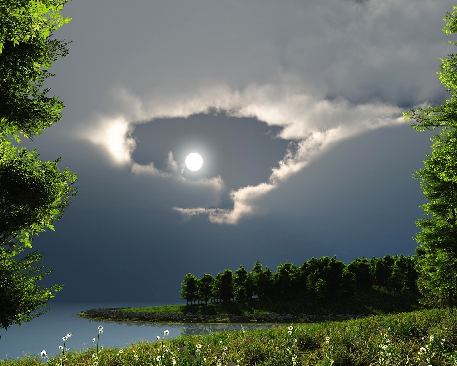 Arafed view of a lake with a cloudy sky and a sun (clouds, cloudy, forest, lake, landscape)