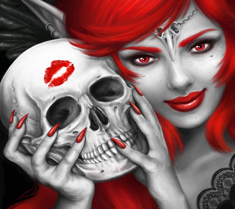 A woman with red hair holding a skull and a red lipstick (nice, wallpaper)