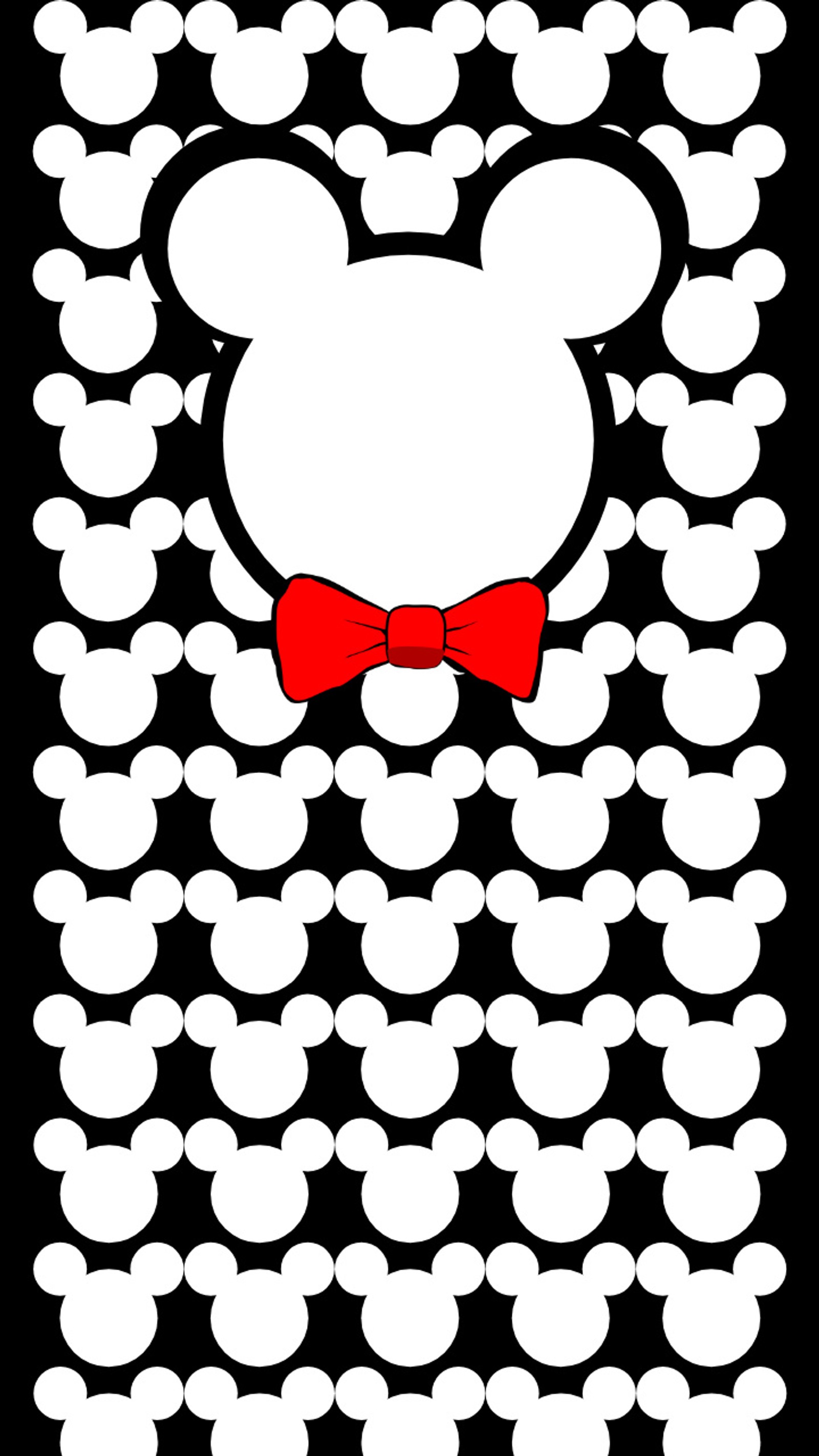 Mickey mouse ears with a red bow tie on a black background (black and white, bow, mickey, mouse, outline)