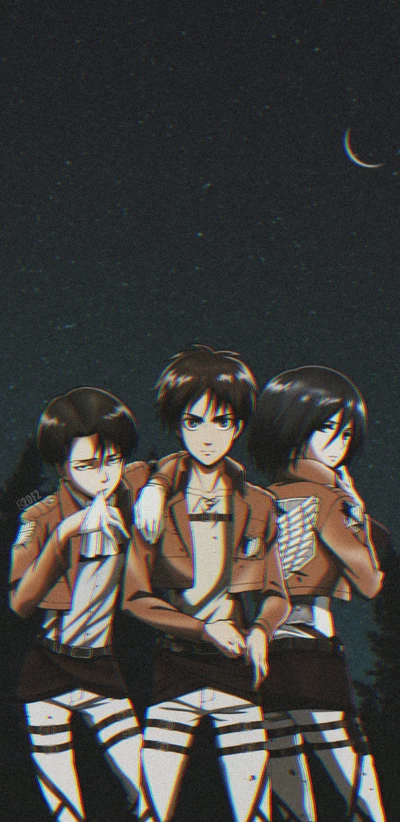 Heróis noturnos: Levi, Eren e Mikasa de Ataque dos Titãs