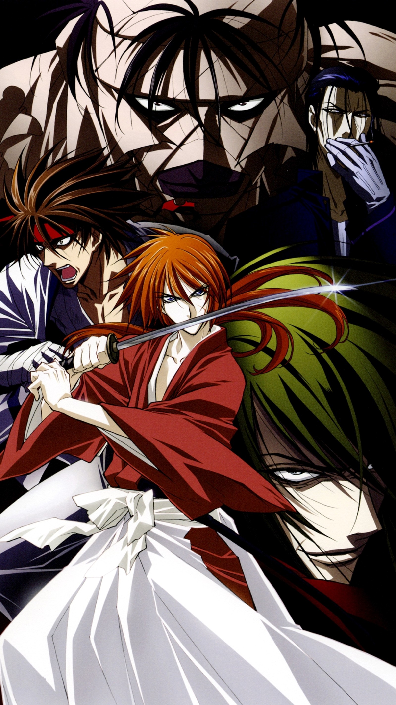 Personajes de anime en un vestido blanco y una capa roja con espadas (1080x1920, anime, kenshin himura, rurouni kenshin)