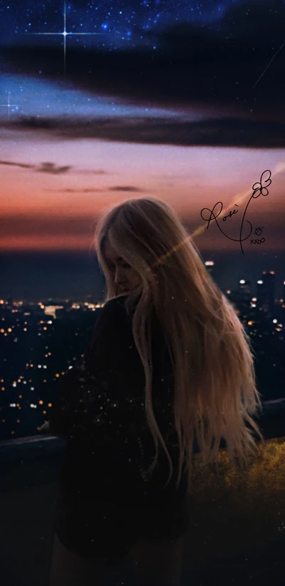 Rose from BLACKPINK Against a Starry Sunset Skyline