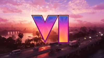 Logo de Grand Theft Auto VI con fondo de atardecer vibrante