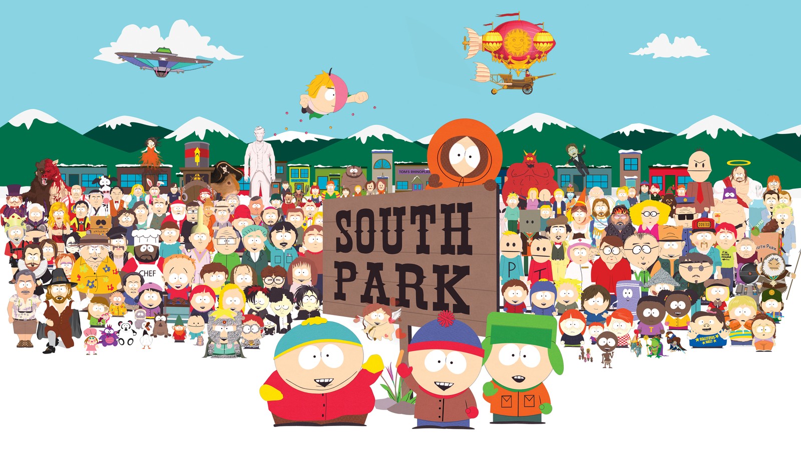 Un grupo de personas de pie alrededor de un cartel que dice south park (south park, serie animada, eric cartman, stan marsh, kyle broflovski)