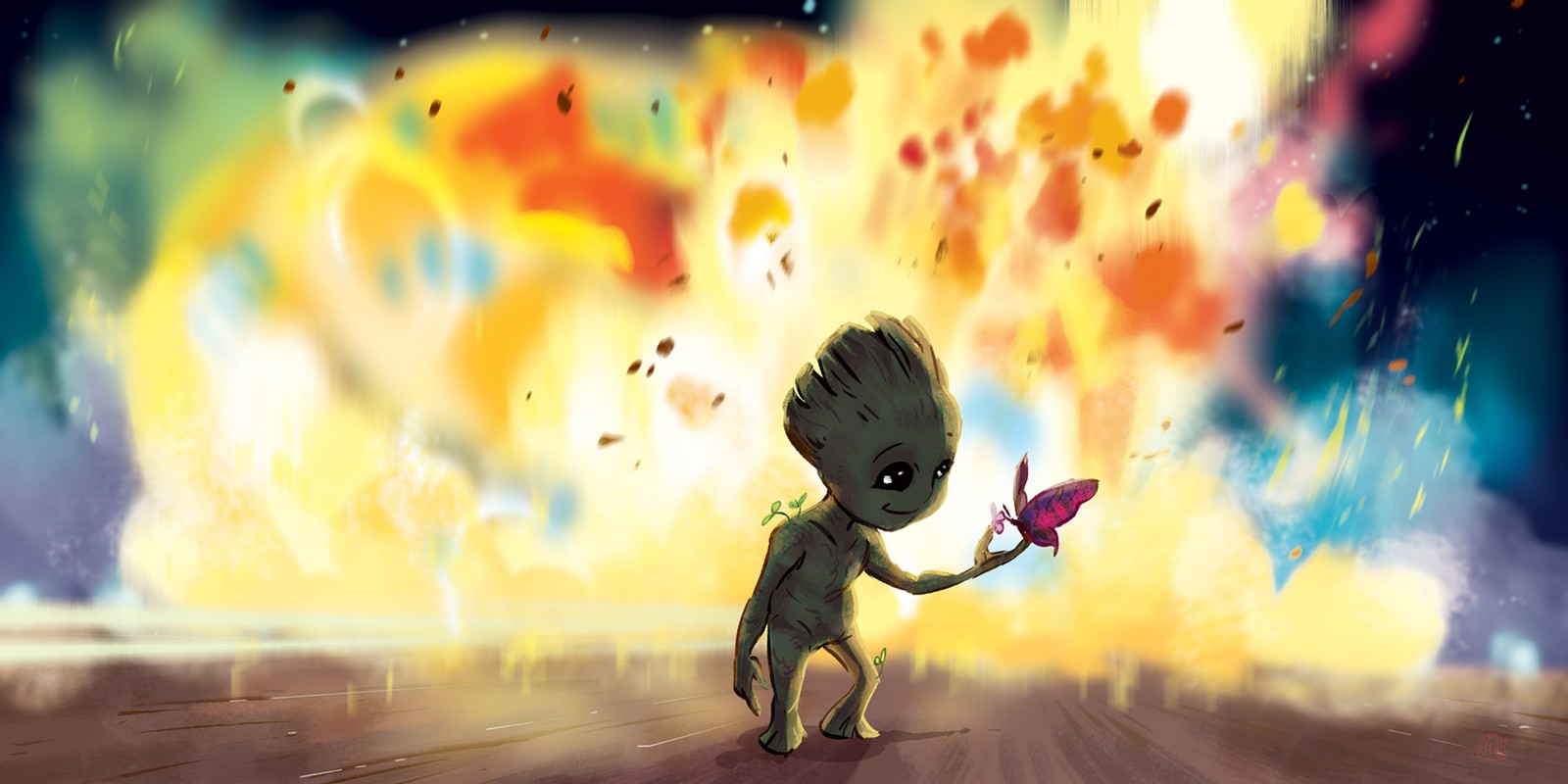 Un grooter de dibujos animados sosteniendo un objeto rosa frente a un fuego (groot, arte de fans, arte, arte digital, caricatura)