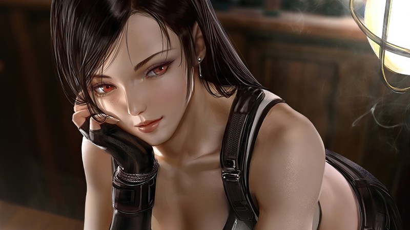 Крупный план женщины с оружием в комнате (тифа локхарт, tifa lockhart, final fantasy 7 remake, ff7, видеоигра)