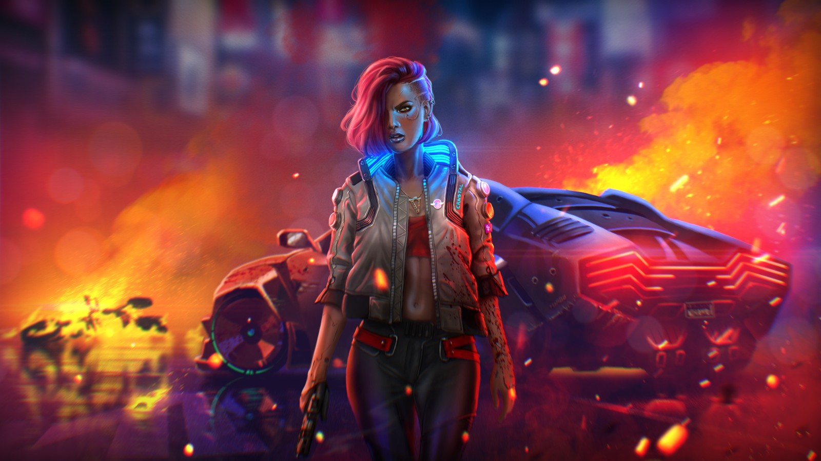 cyberpunk 2077, badass, neon, fire, illustration Download Wallpaper