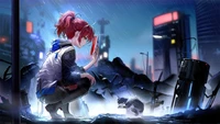 Fille d'anime cherchant une connexion dans une ville post-apocalyptique pluvieuse avec un chat