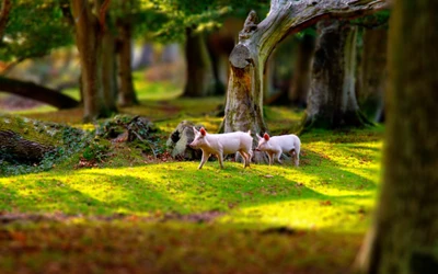 Escena boscosa de primavera con lechones entre la exuberante vegetación