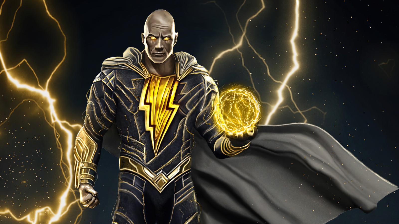 Primer plano de un hombre en un traje negro sosteniendo una bola dorada (black adam 2022, película, black adam)