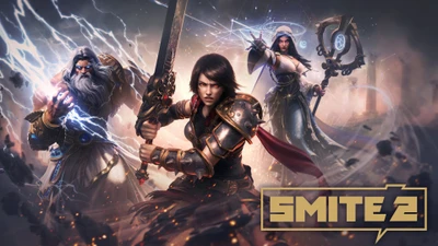 Epic characters from Smite 2 wielding powerful abilities in a dynamic battle scene.