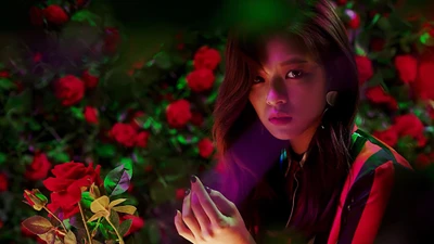 Jeongyeon inmitten eines lebhaften Rosengartens