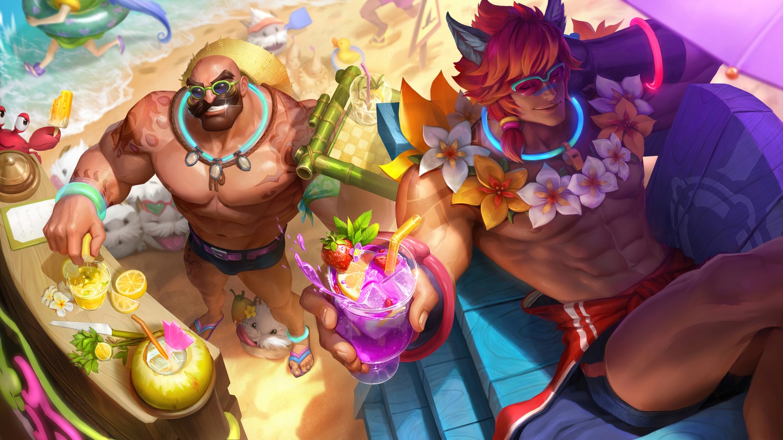 Um casal de homens sentados na praia ao lado de uma piscina (festa na piscina, sett, braum, lol, league of legends)