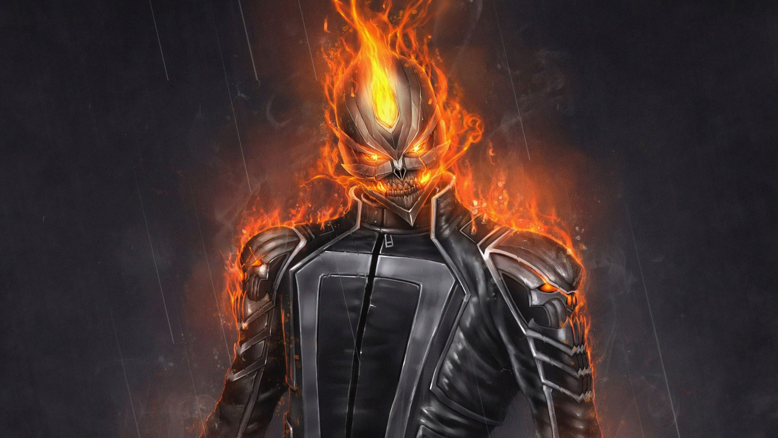 Close-up de uma pessoa em um terno com fogo na cabeça (ghost rider, robbie reyes, marvel comics, quadrinhos)