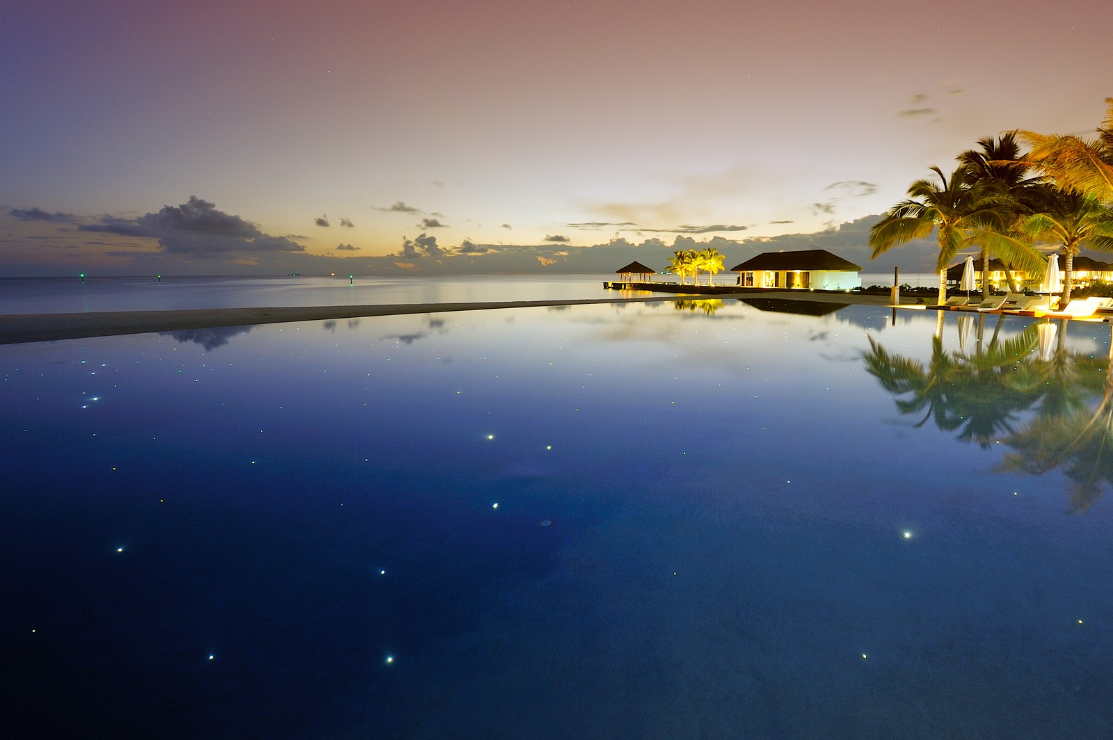 Vue nocturne d'une piscine avec une vue et des palmiers (plage, station, nature, réflexion, eau)