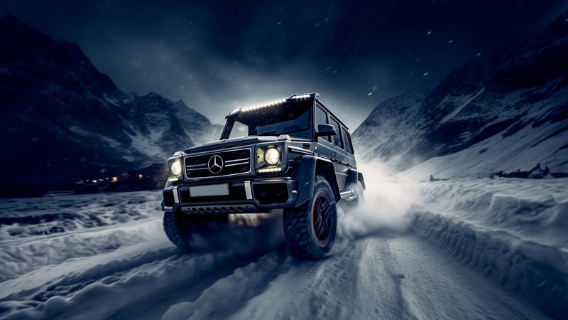 Мерседес g-class, едущий по снегу ночью (мерседес бенц amg g 63, mercedes benz amg g 63, холодная ночь, g wagon, 5k)