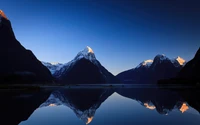 morning, sunrise, blue sky, mountains, reflections wallpaper