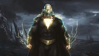 Dwayne Johnson as Black Adam unleashing powerful lightning in a dramatic landscape.