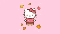 Hello Kitty dans une scène d'automne rose pastel avec des feuilles et des pommes mignonnes