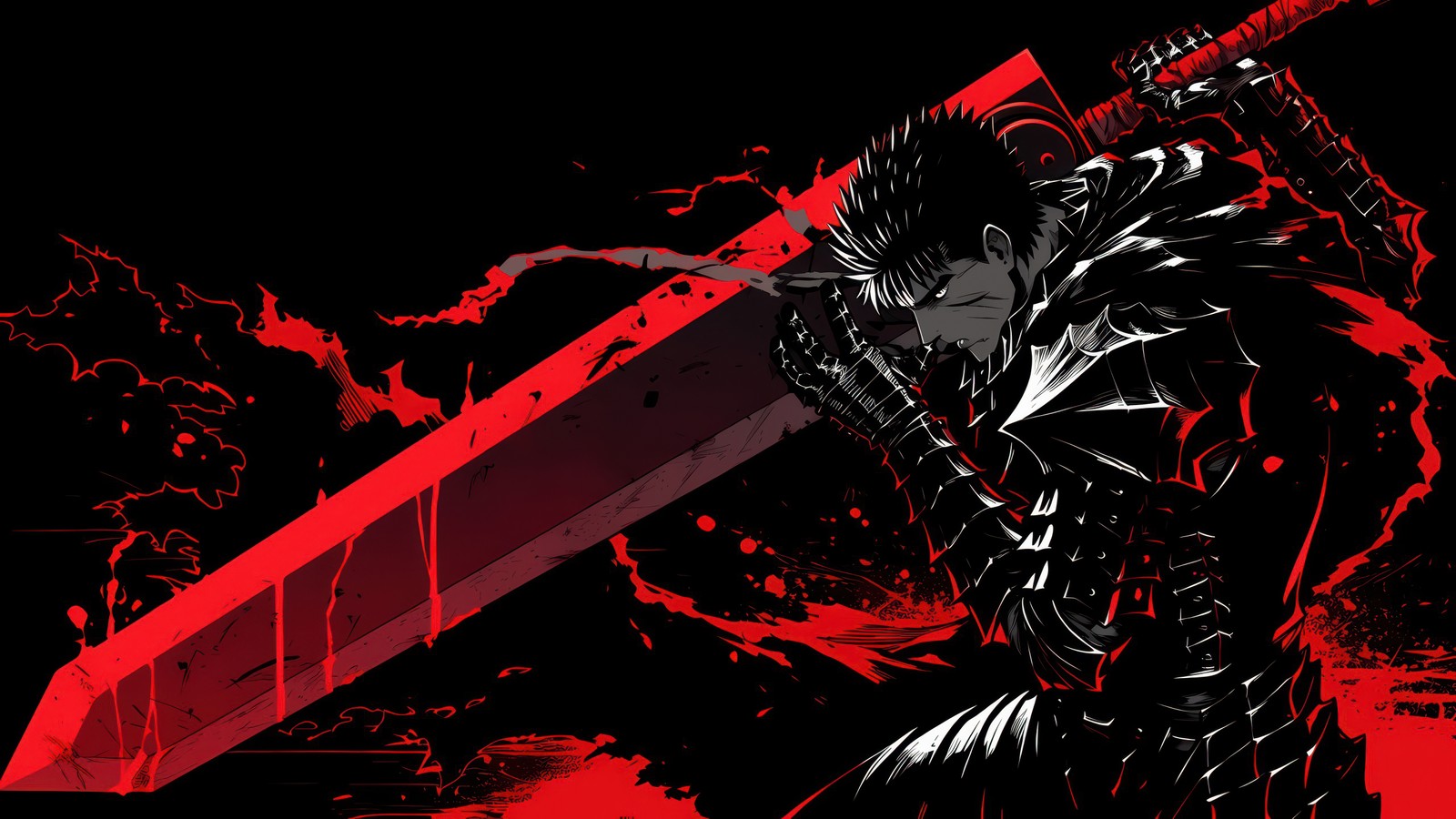 Un personaje de anime negro y rojo sosteniendo una espada en la mano (guts berserk, rojo oscuro, amoled, arte neón, fondo negro)