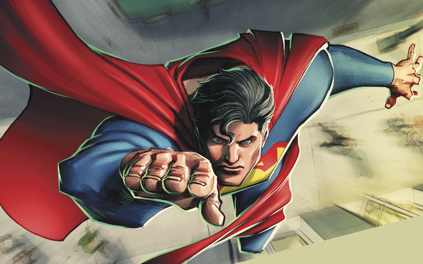 Superman flying through the air with his cape extended (superman, dc comics, comics, superhero, fiction)