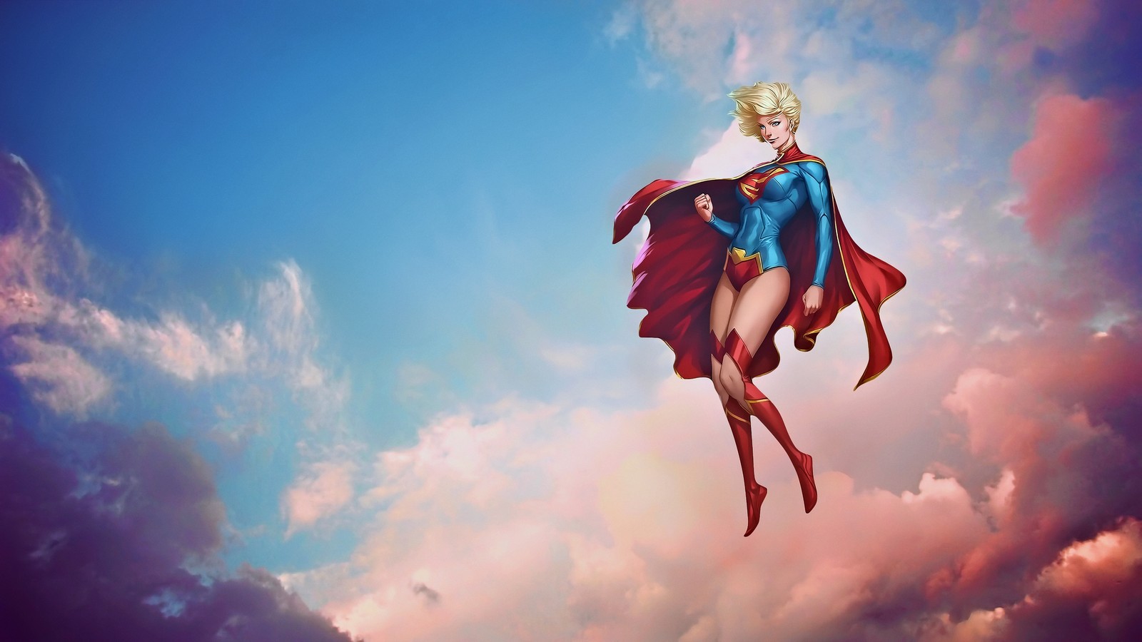 A close up of a woman flying through the air in a superman costume (supergirl, dc comics, comics)