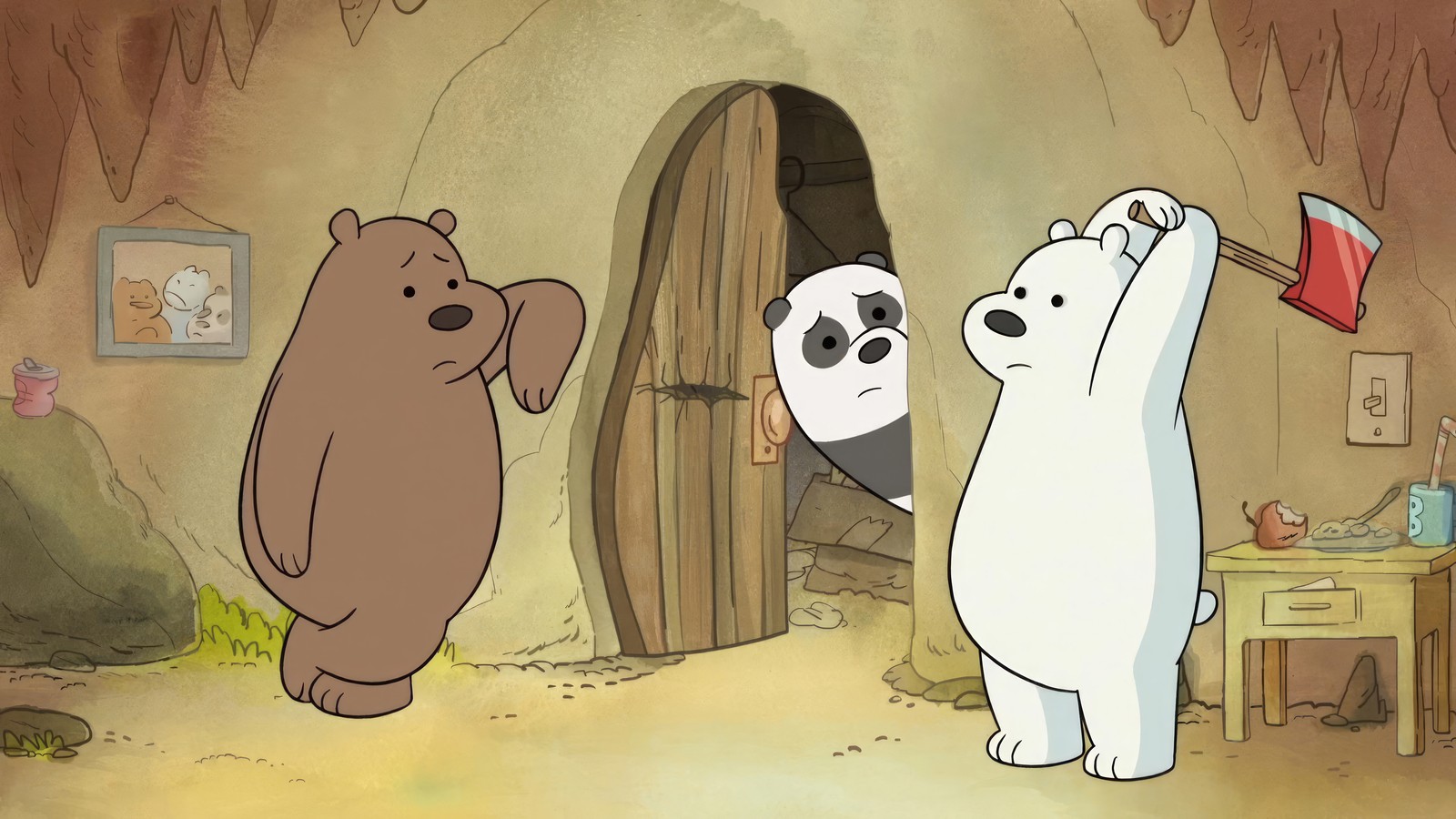 Los osos de dibujos animados están de pie frente a una cueva con una puerta (we bare bears, series de televisión, caricatura)