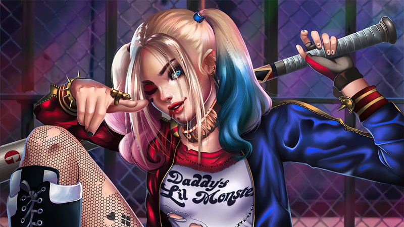 Харли, держащая биту и нож в руке (harley quinn, dc comics, антигерой, комиксы, супергерои)