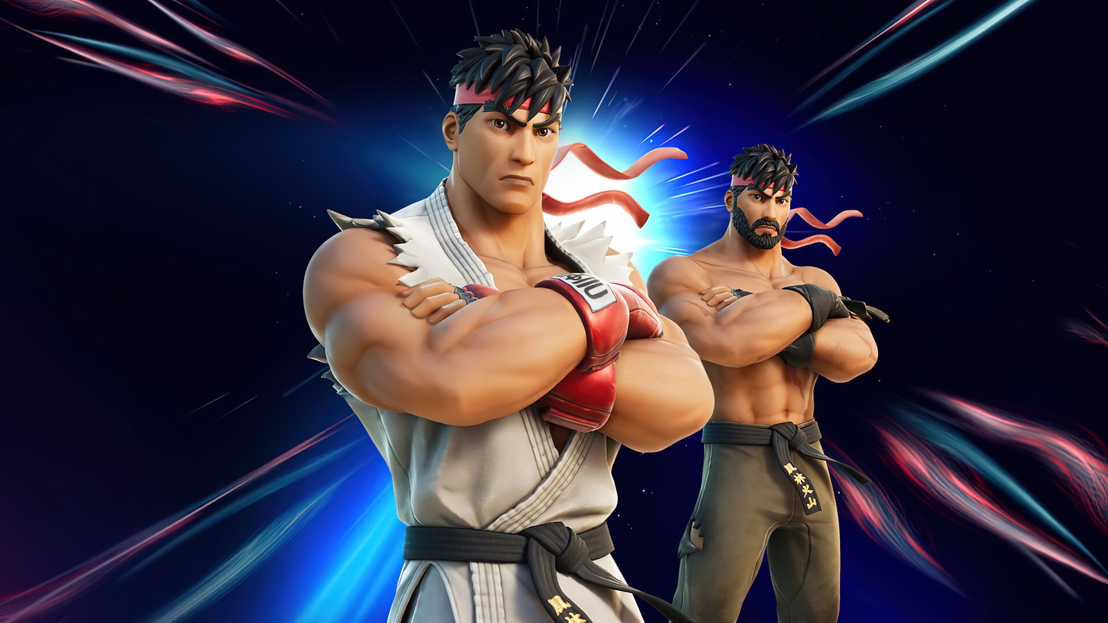 Eine nahaufnahme von zwei figuren in einer kampfpose (ryu, street fighter, fortnite, battle royale, videospiel)