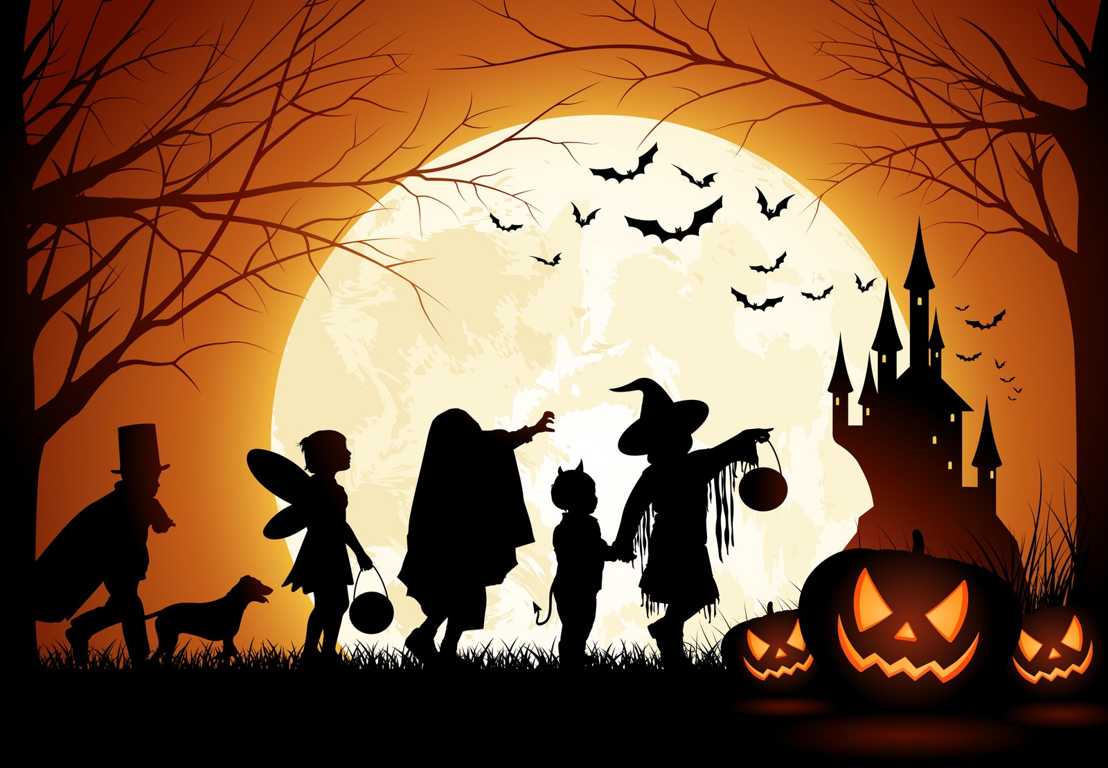 Un groupe d'enfants en costumes d'halloween marchant devant une pleine lune (31 octobre, silhouette, art, illustration, ombre)