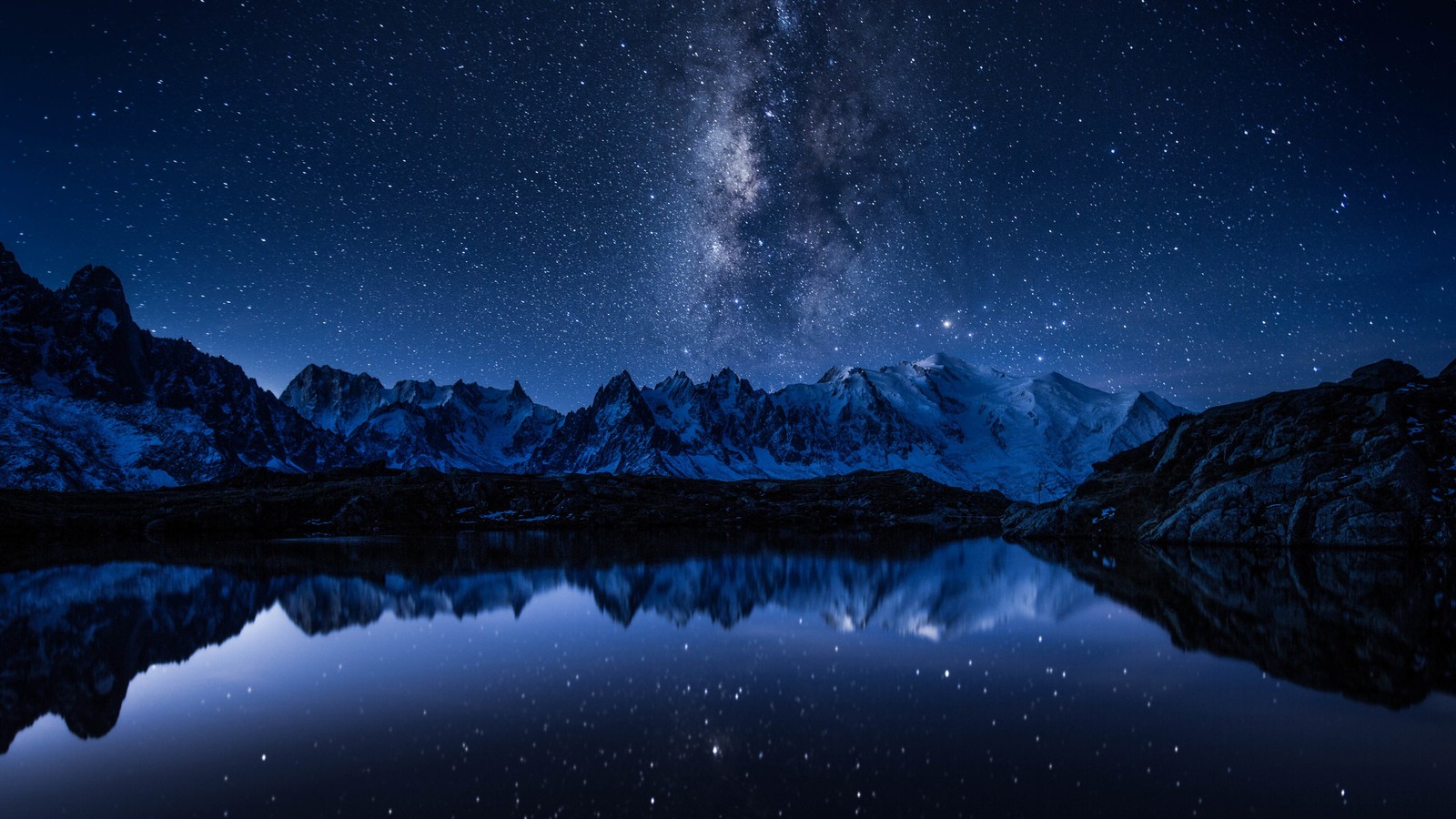 night, sky, stars, mountain, lake wallpaper