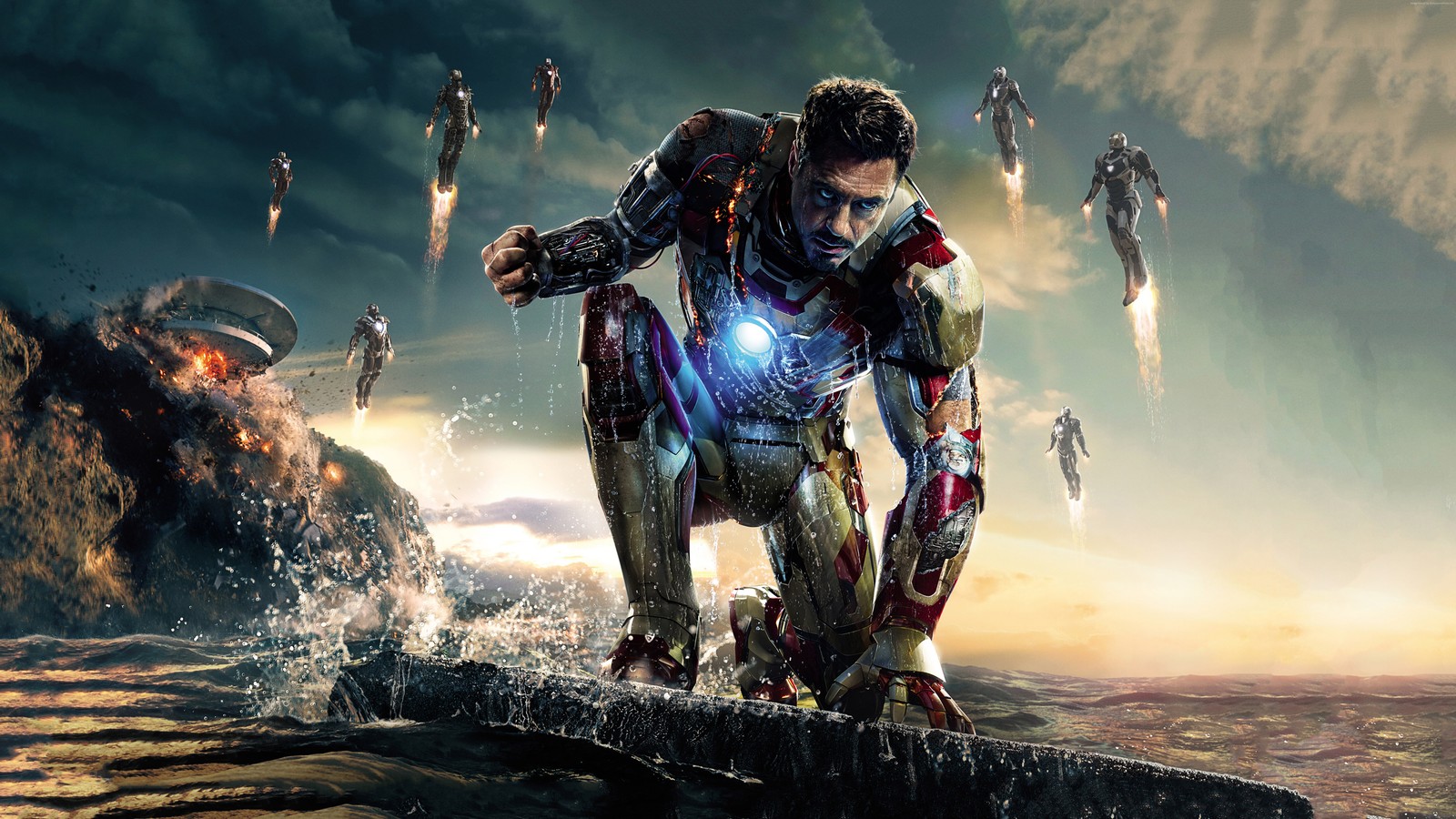 Iron man se tient sur un rocher dans l'océan avec d'autres iron men volant autour (robert downey jr, pc game, jeux, univers cinématographique marvel, marvel cinematic universe)