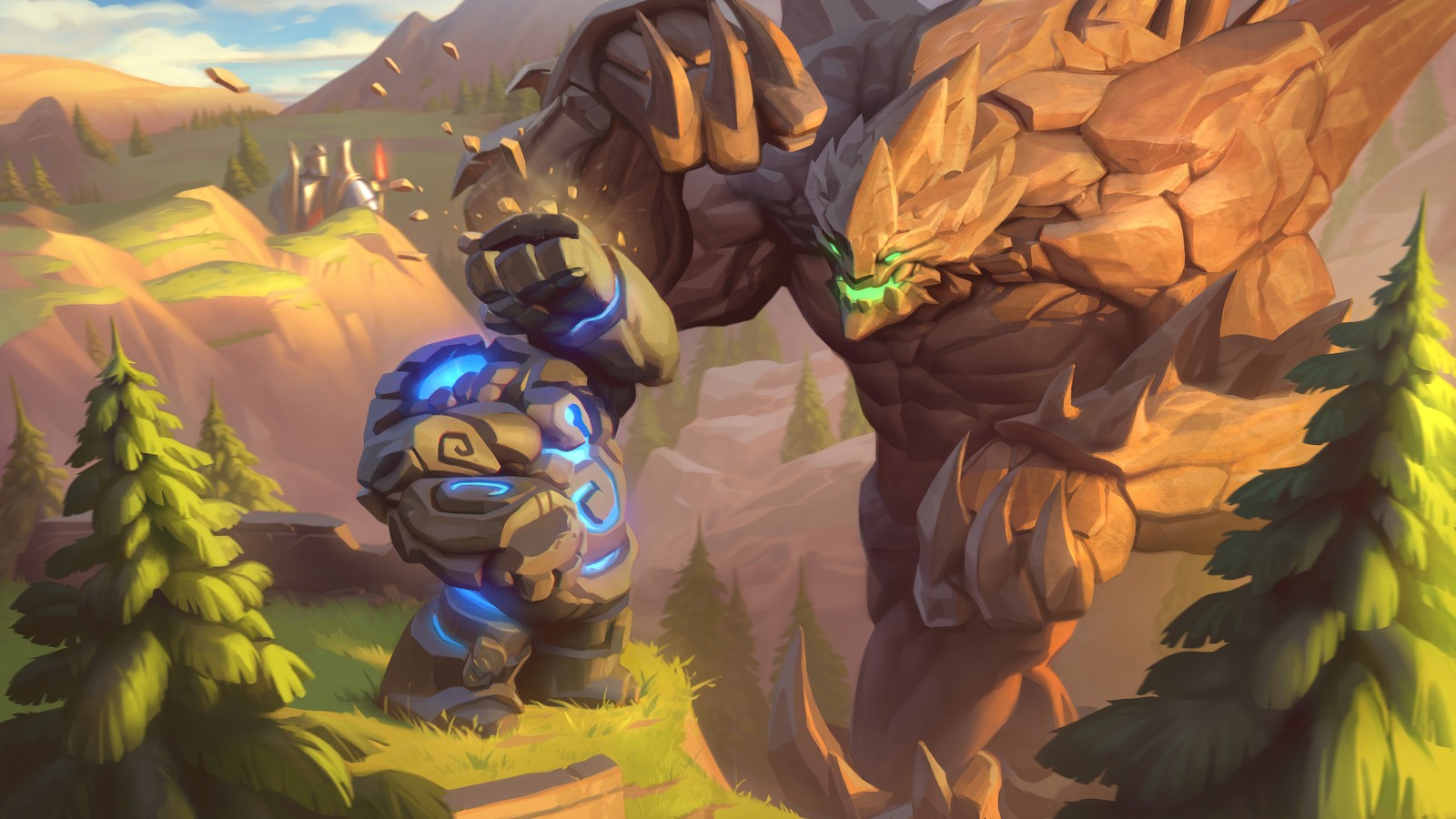 A screenshot of a giant monster with a glowing face and a man in a suit (malphite, league of legends wild rift, lol wild rift, league of legends, lol)