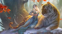 Enchanting Bengal Tiger and Ethereal Goddess in a Mystical Forest