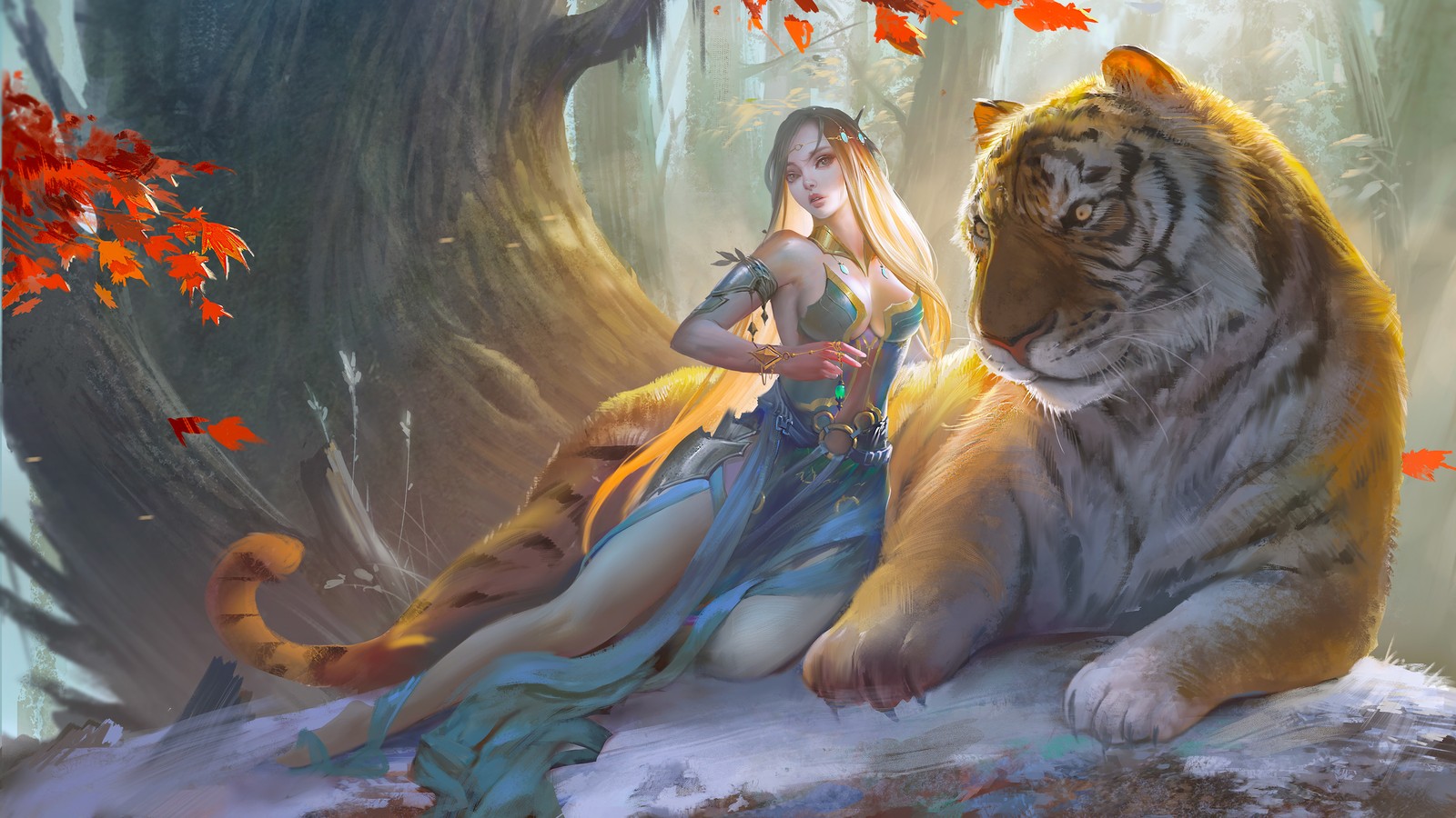 A woman sitting on a rock next to a tiger (tiger, art, fantasy, bengal tiger, mythology)