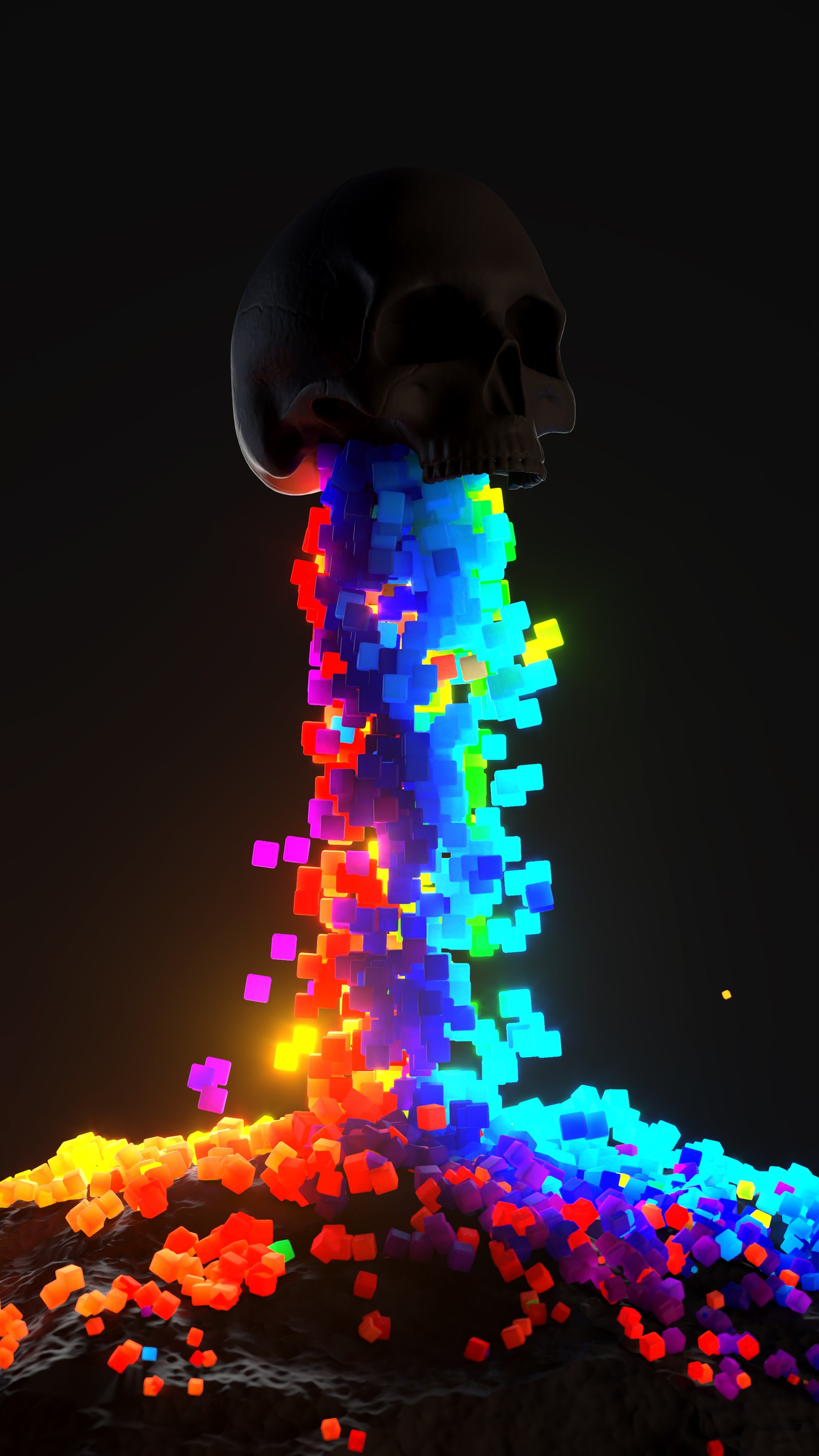 A close up of a skull with a rainbow colored light coming out of it (3d, art, black, blue, cave)