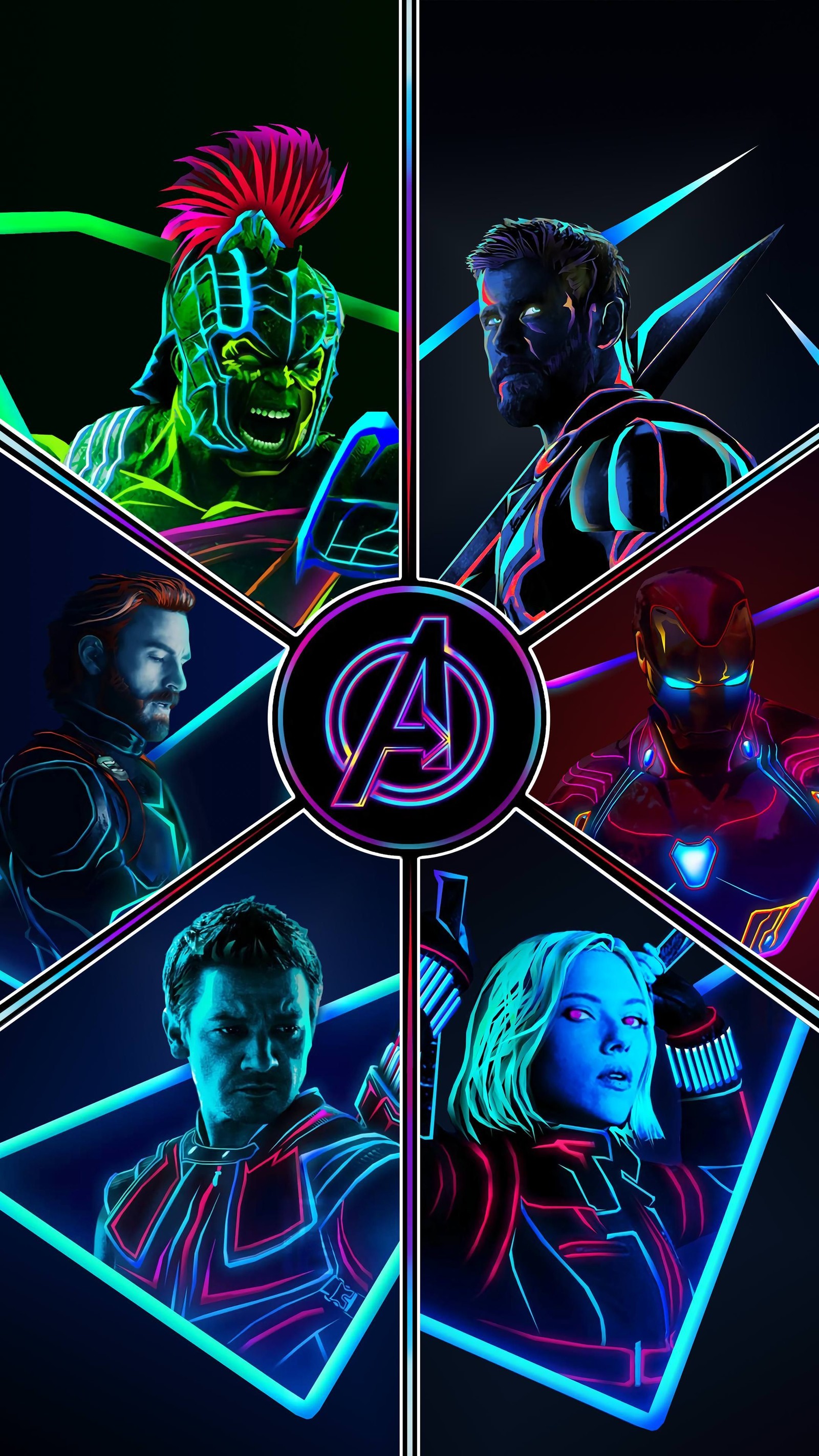 Avengers 4 poster with neon colors and characters (4k, avengers, black widow, captain america, hulk)